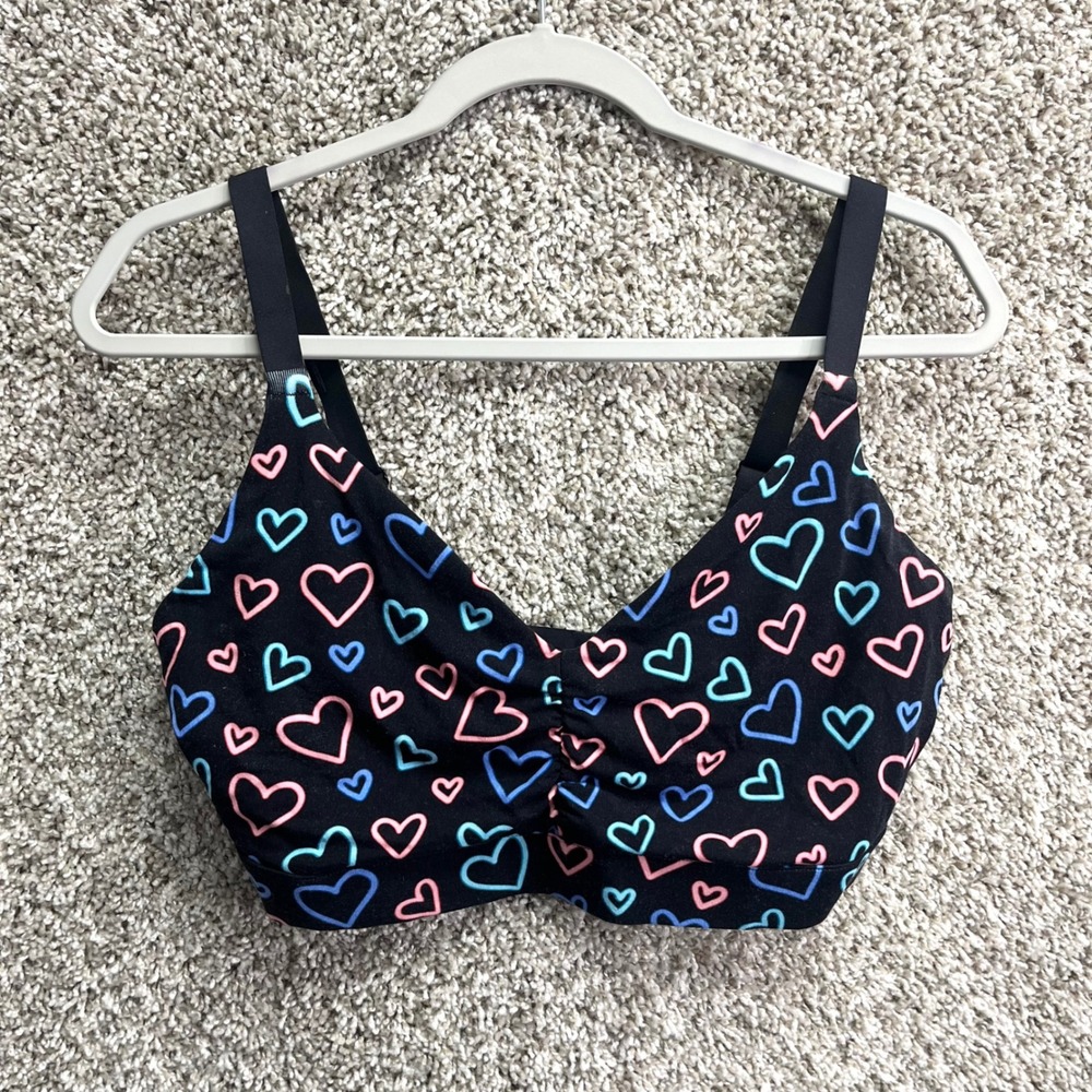 MeUndies Bralette Women's XL Black Neon Heart Print Micromodal Ruched Front